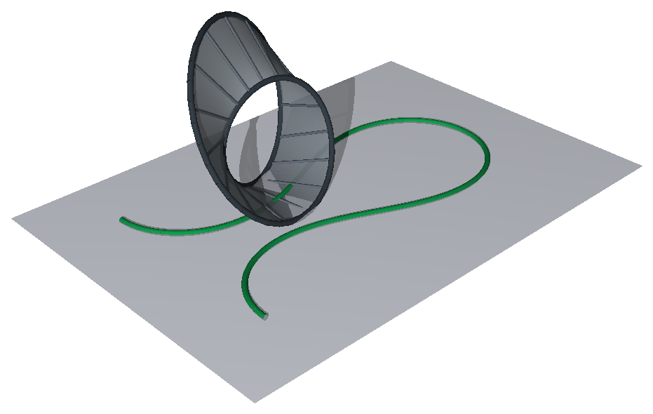 A Möbius band caught mid-roll on its tangent plane, tracing out a development curve.